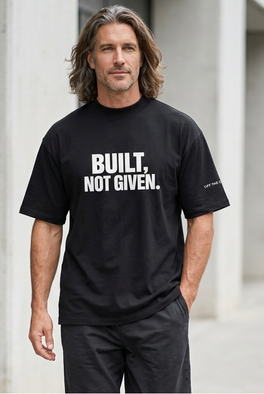 Built, Not Given tee on a salt-and-pepper-haired Italian-looking model walking in parachute sweatpants and ankle boots