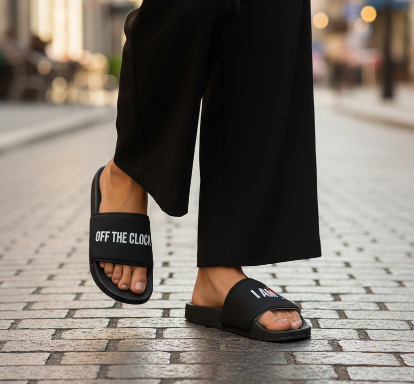I Am Off The Clock Slides - Solid Pants Walking Shot