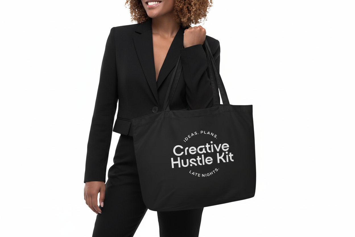 Model in all black outfit holding the Creative Hustle Kit black tote bag
