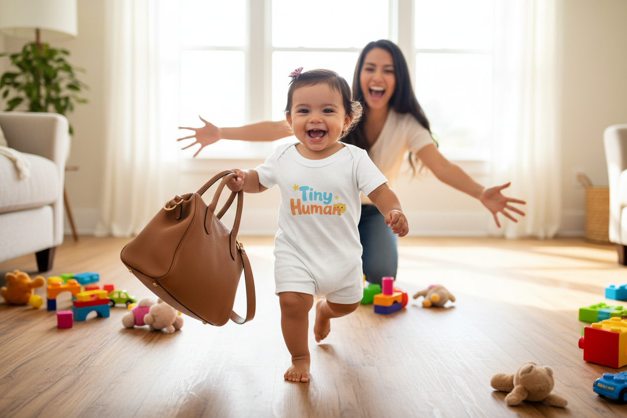 Latina baby girl running with correct crew neck baby tee