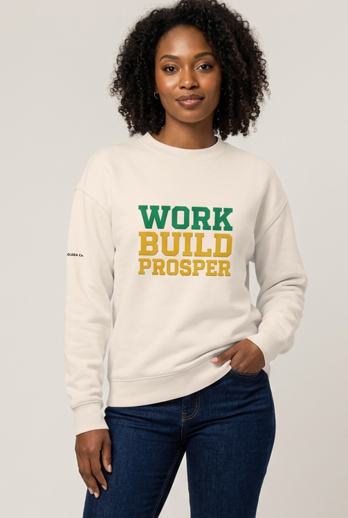 New woman modeling the Work Build Prosper sweatshirt with dark denim