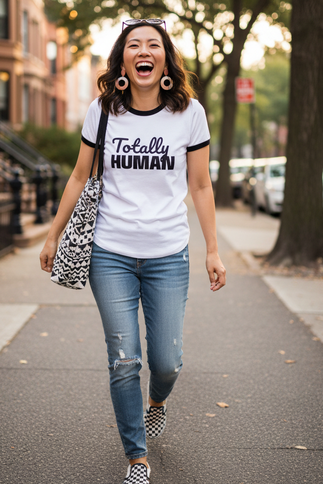 Totally Human Fitted Ringer Tee Quirky Asian Mom
