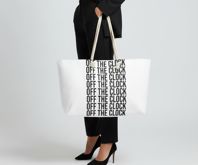 Woman in All Black with OFF THE CLOCK Tote