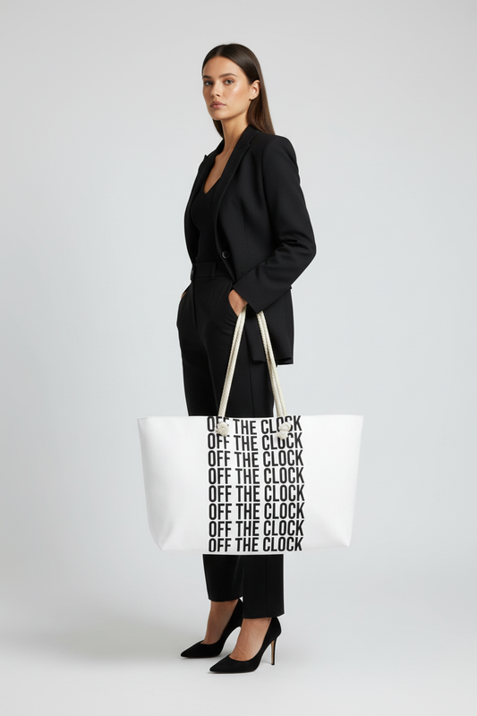 Woman in All Black with OFF THE CLOCK Tote